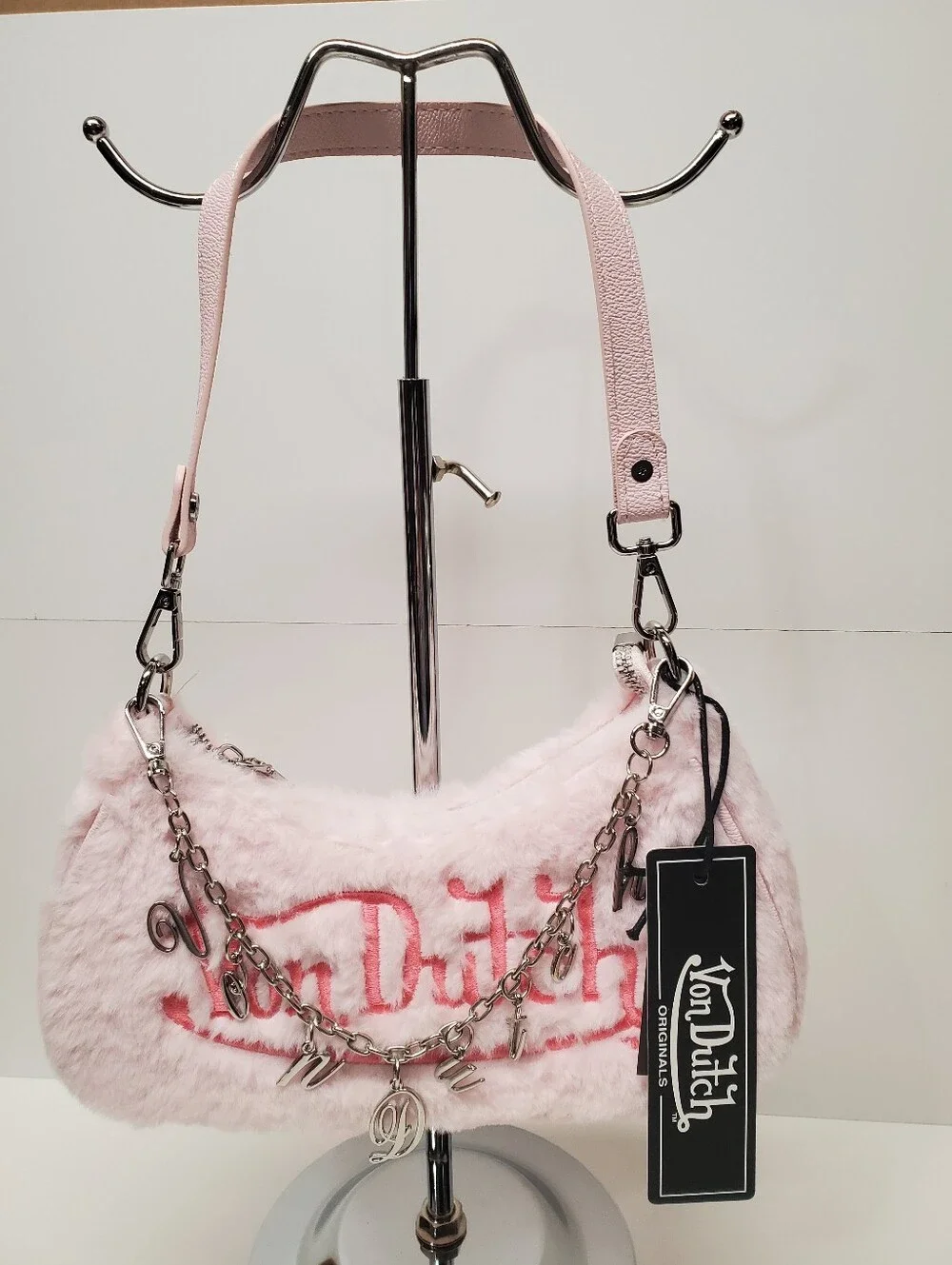 Von Dutch Light Pink Faux Fur Shoulder Bag with Charm Chain